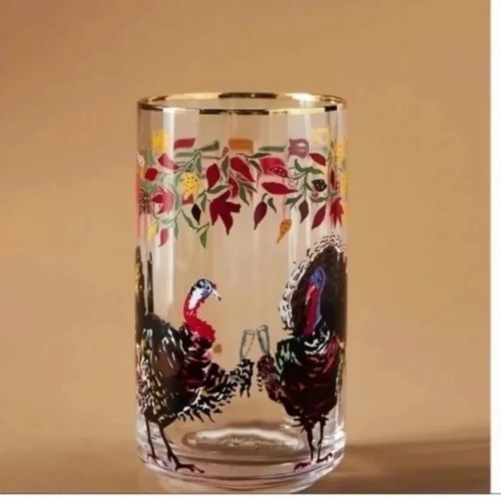 Set of 4 Anthropologie Inslee Farris Autumn's Bounty Turkey Drinking Glasses
